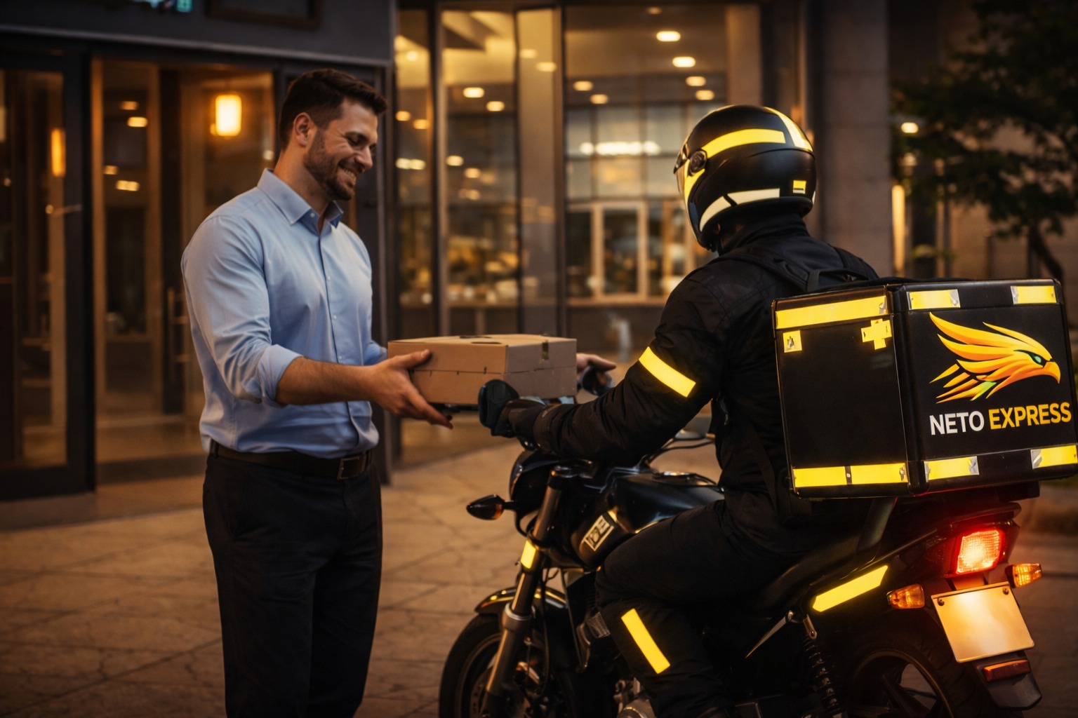 Motoboy entregando pacote para cliente